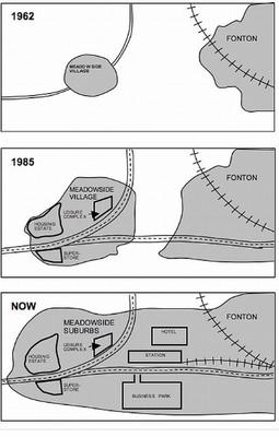 The map shows the development of Meadowside village and Fonton town from 1962 to the present day.